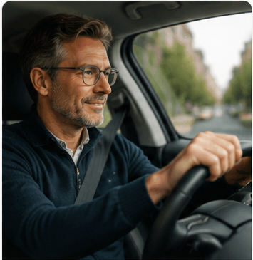 Mann mit Gleitsichtbrille beim Autofahren